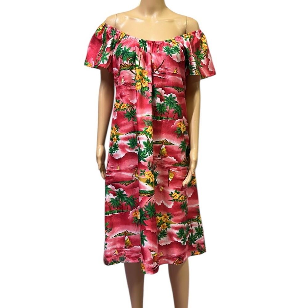 Seawind Vintage Hawaiian Tropical Parasail Print Off Shoulder Midi Dress Medium